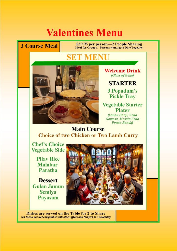 Valentine’s Day dinner at Krishnas Inn in Bristol - 3 Course Menu., 