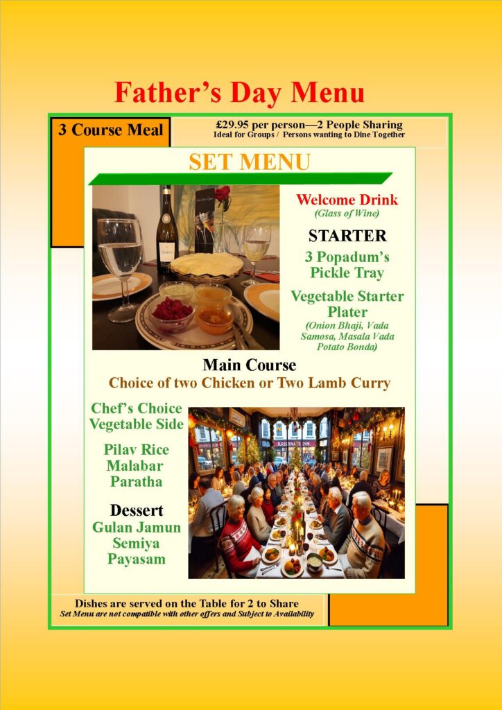 Father's Day special menu at Krishnas Inn with Indian starters, chicken and lamb curries, and traditional desserts